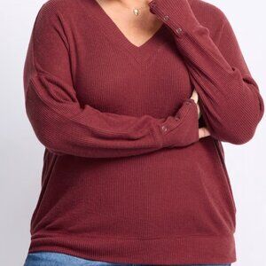 Nine Britton Miriam Long Sleeve Brushed Waffle V-Neck Knit Top Deep Red Sweater